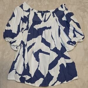 CeCe Women’s Off Shoulder Blouse Medium Blue White Puff Sleeve Smocked Boho Top